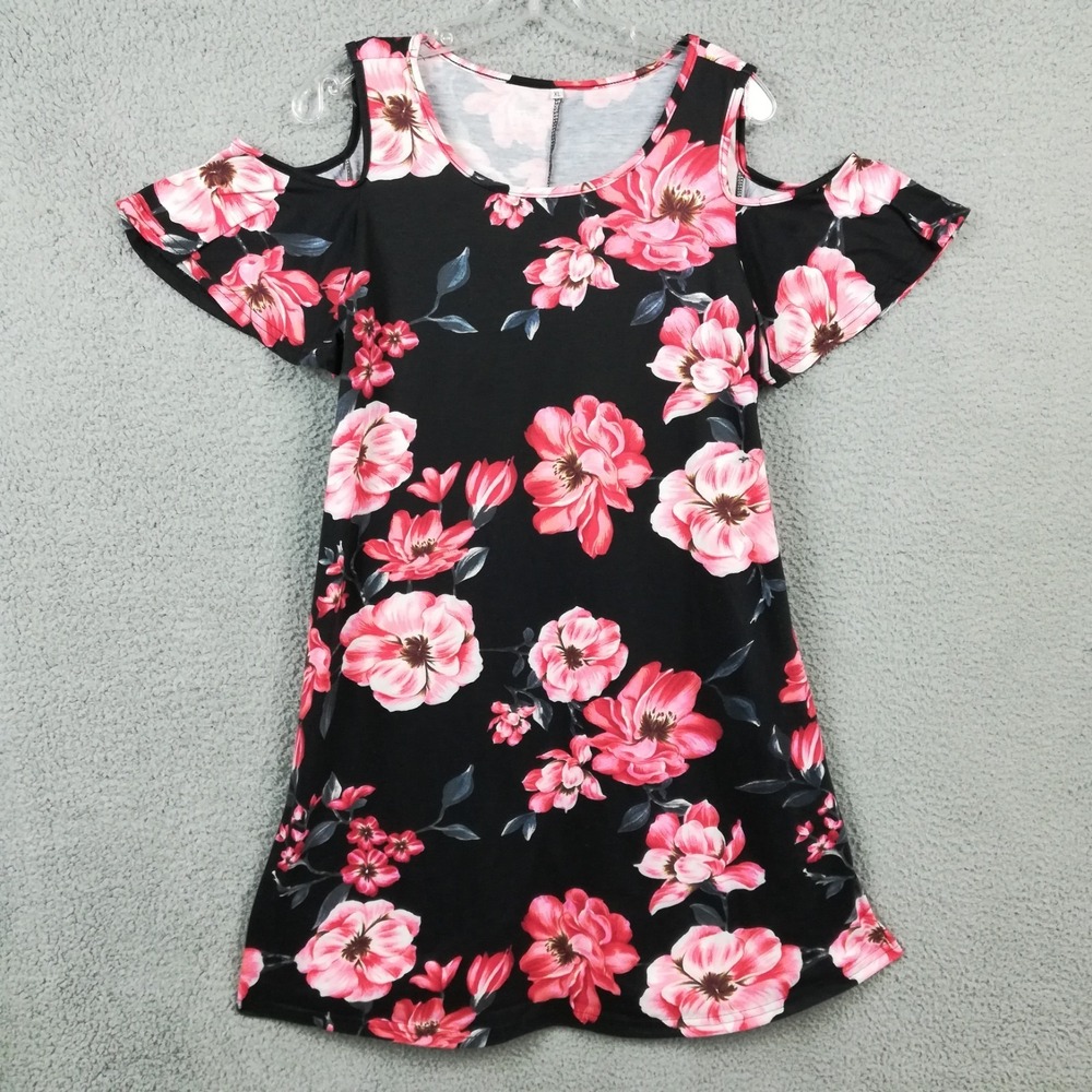 Womens Dress A-Line Cold‎ Shoulder Black Floral Print Summer Above Knee XL